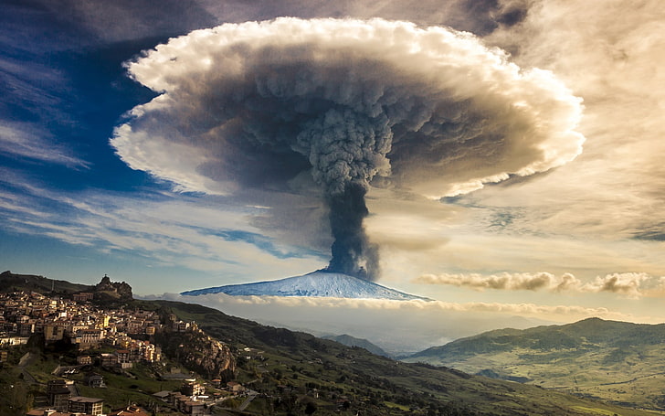 volcano eruption, eruptions, nature, landscape, mountains, mushroom clouds, HD wallpaper