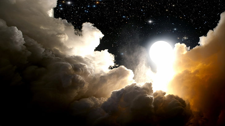 clouds and moon, night, stars, digital art, space art, sky, cloud - sky