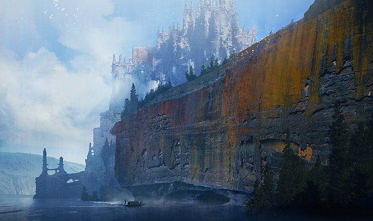 artwork, landscape, digital, fantasy art, cliff, water, nature, HD wallpaper