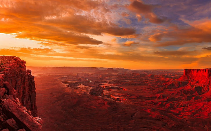 landscape nature sunset utah canyonlands national park river clouds erosion red gold panoramas, HD wallpaper