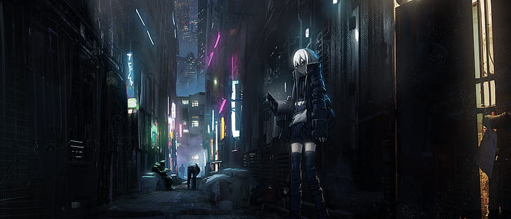 anime girls, dark, city, cyberpunk, neotokyo, HD wallpaper