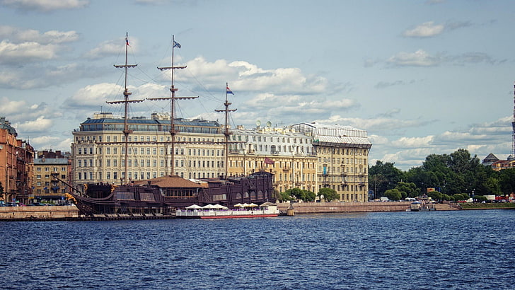 sailing ship, St. Petersburg, river, city, built structure