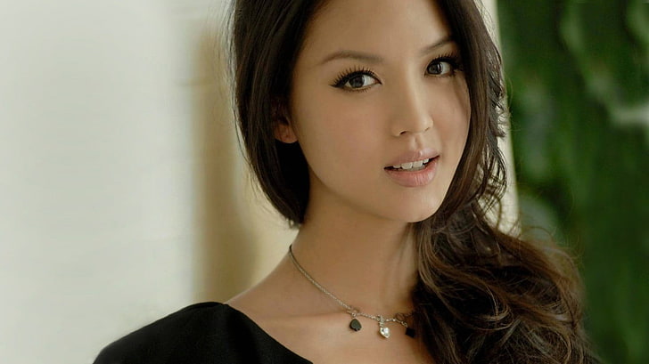 women's black scoop-neck top, Zhang Zi Lin, Chinese, brunette, HD wallpaper