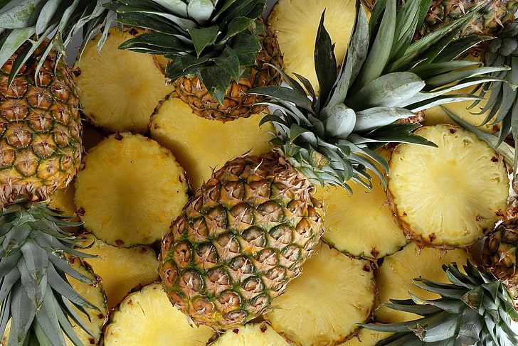 bunch of pineapples, sliced, fruit, food, freshness, ripe, gourmet, HD wallpaper