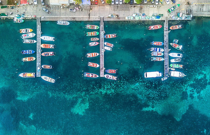 aerial photography of assorted boat on body of water beside concrete pavement at daytime, HD wallpaper