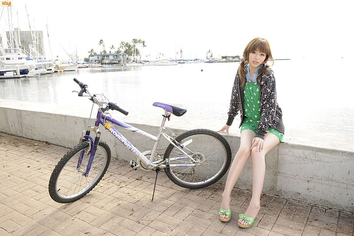 Aya Hirano, Asian, Japanese, women outdoors, bicycle, model, HD wallpaper