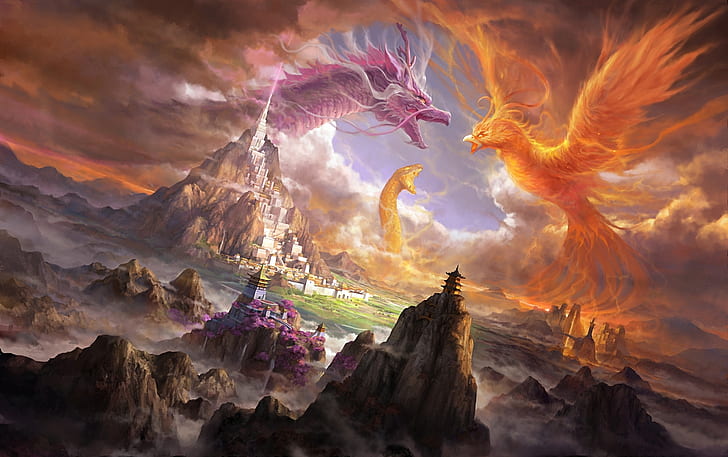 Fantasy, Dragon, Artistic, Battle, Bird, Castle, City, Phoenix, HD wallpaper