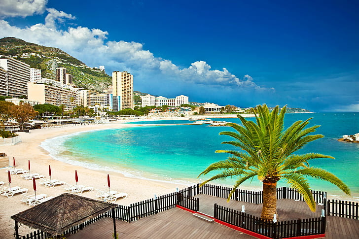 beach, water, Monaco, sky, clouds, HD wallpaper