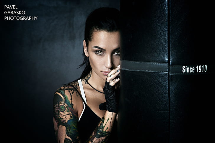 look, girl, makeup, brunette, tattoo, hairstyle, gloves, pear, HD wallpaper