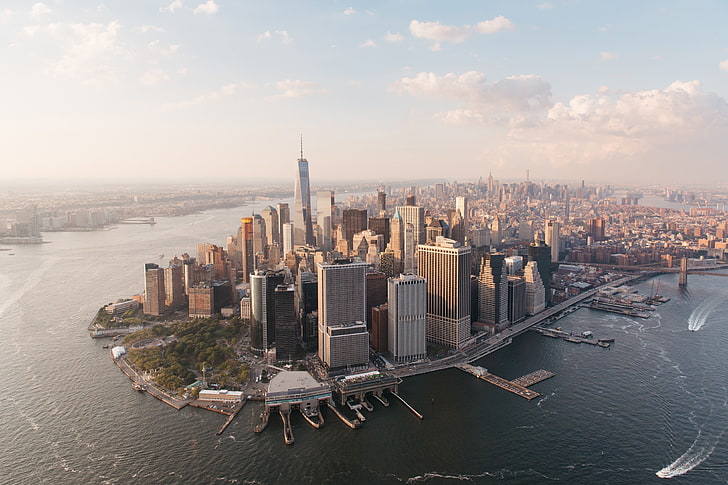 city buildings, cityscape, New York City, helicopter view, bay