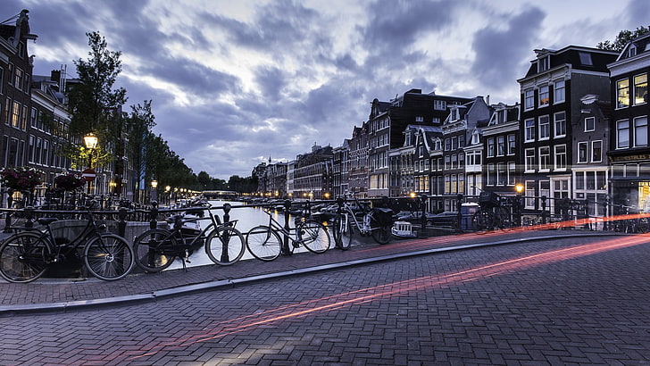 black bicycles, Netherlands, Amsterdam, canal, light trails, road