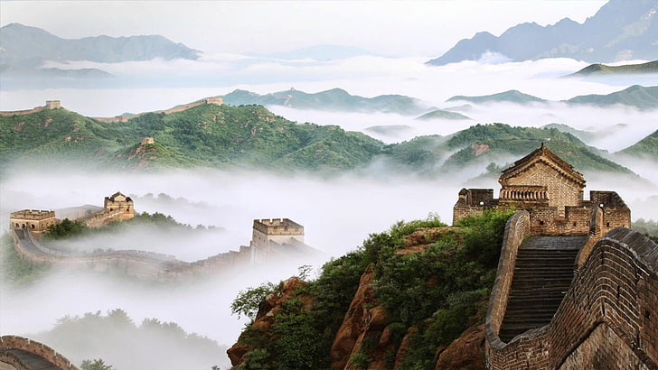 clouds, china, great wall, panorama, hills, city, fog, mountain