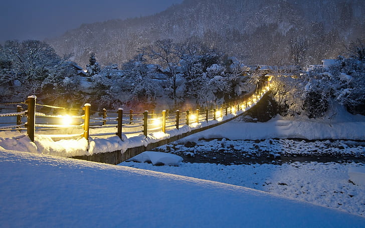bridge, winter, snow, village, landscape, HD wallpaper
