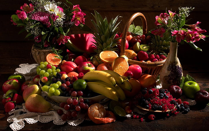 variety of fruit, still life, table, flowers, food, grape, vegetable