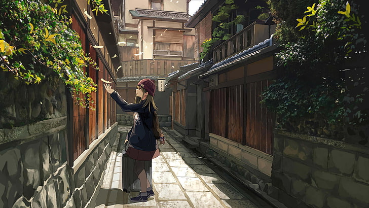 girl holding luggage raising her left hand anime digital wallpaper