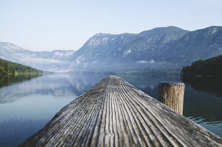 landscape, lake, blue, water, mountains, dock, HD wallpaper