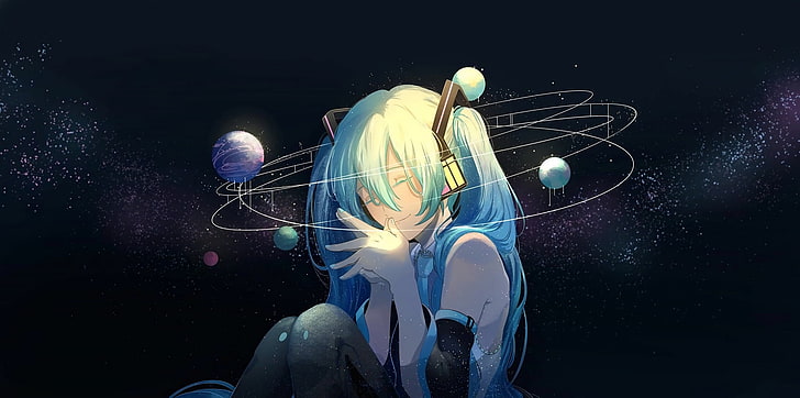 blue haired female anime character digital wallpaper, night, Hatsune Miku
