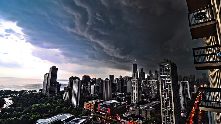 gray high-rise building, city under black clouds, cityscape, Chicago