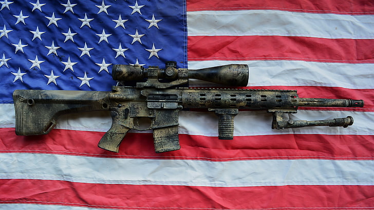 weapons, flag, AR15, assault rifle, SPR, HD wallpaper