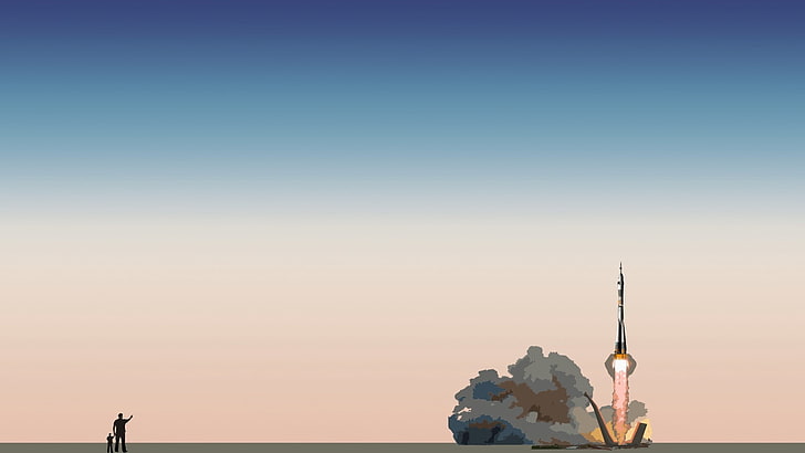 rocket ship illustration, Soyuz, minimalism, lift off, sky, sunset, HD wallpaper