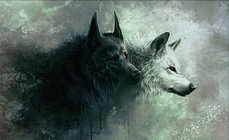 Wolf, two wolves painting, Artistic, Drawings, animals, wild, HD wallpaper