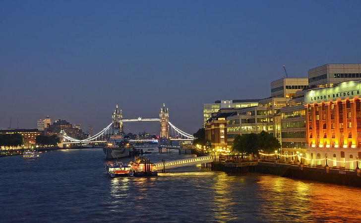 river, cityscape, boat, lights, bridge, London, England, River Thames, HD wallpaper