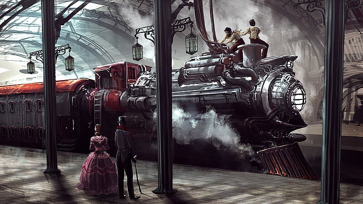 Sci Fi, Steampunk, Locomotive, People, Train, Train Station