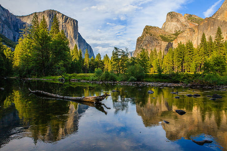 pine trees and rock formation beside lake during daytime, Yosemite Valley