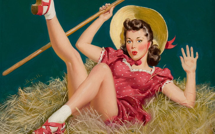 girl, retro, figure, drop, hay, Pin-up, Alfred Leslie Buell, HD wallpaper