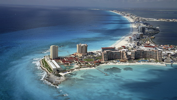 Cancun, Mexico, cityscape, sea, aerial view, architecture, water