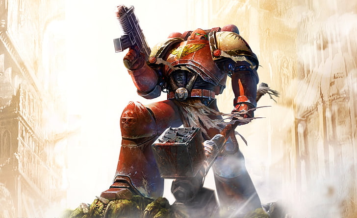 red robot poster, weapons, Dawn Of War, Space Marine, Warhammer, HD wallpaper