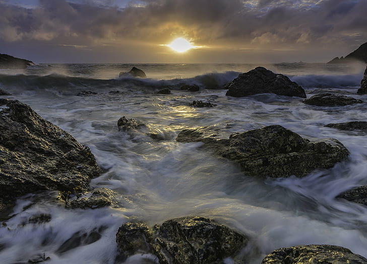 rocks and sea waves during golden hours, Back-Lit, Surf, Anglesey