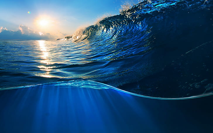 Blue ocean splash, blue sea water, wave, sky, HD wallpaper