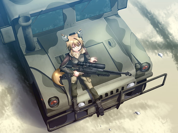 anime, anime girls, gun, weapon, Humvee, animal ears, sniper rifle, HD wallpaper