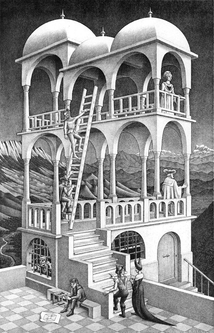 Arch, artwork, building, cube, ladders, Lithograph, M. C. Escher