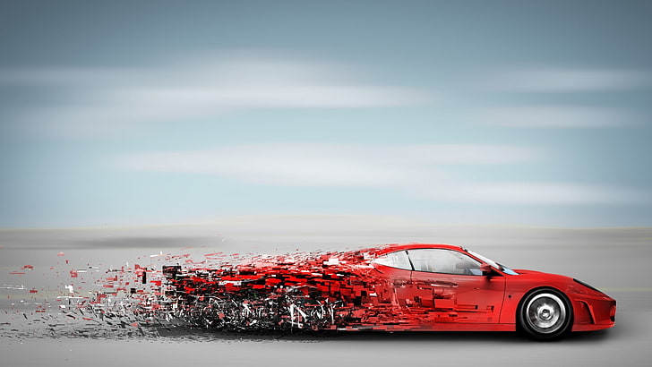 red sports car, digital art, red cars, clouds, horizon, Ferrari, HD wallpaper