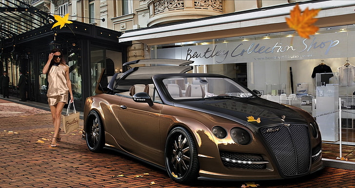 brown and black Bentley Continental GT convertible coupe, leaves, HD wallpaper