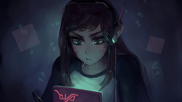 woman using headphones wallpaper, Overwatch, video games, D.Va (Overwatch)