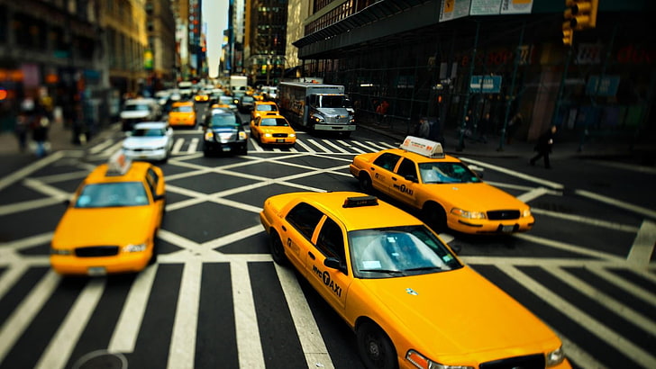 yellow taxis, shallow focus photo of city jam, street, traffic, HD wallpaper
