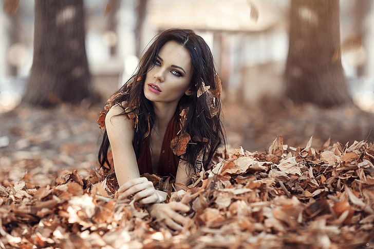 women's red top, photography, leaves, model, Alessandro Di Cicco, HD wallpaper