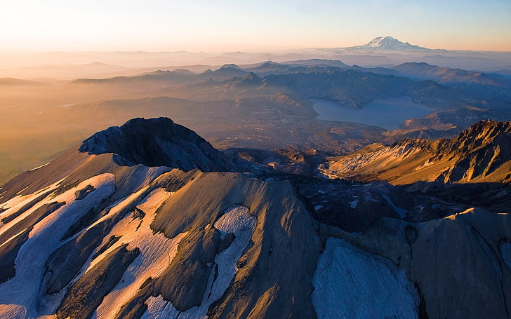 brown mountain range, mountains, Mount  St.  Helens, lake, snowy peak, HD wallpaper