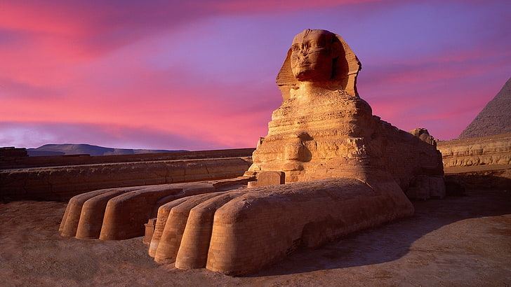 sculpture, desert, sphinx, Egypt, architecture, sunset, HD wallpaper