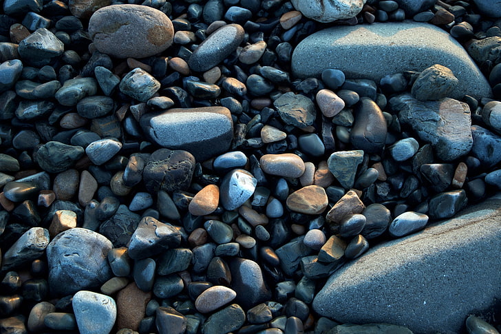 gray-and-black stone lot, sea stones, pebbles, forms, rock - Object
