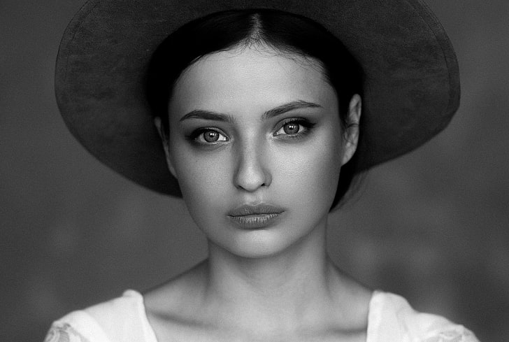 Veronika Avdeeva, women, face, portrait, hat, monochrome, headshot, HD wallpaper
