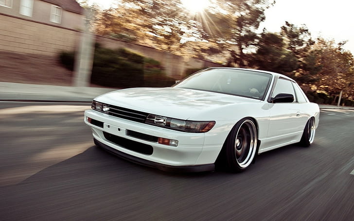 car, Nissan Silvia S13, road, Stance, tuning, lowered, trees, HD wallpaper