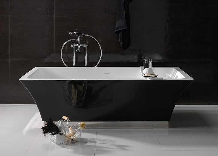black and white ceramic bath tub, design, interior, bathroom, HD wallpaper