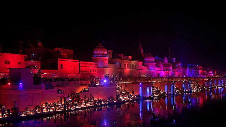 night, lights, India, river Barn, Ayodhya