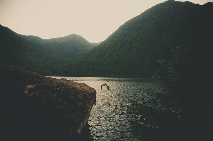body of water, landscape, jumping, mountain, scenics - nature, HD wallpaper