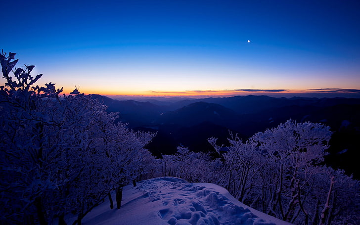 mountain landscape, snow, trees, sunset, nature, winter, sky, HD wallpaper