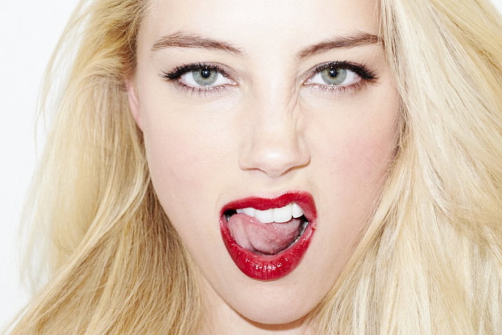 Amber Heard, blonde, blue eyes, tongues, model, open mouth